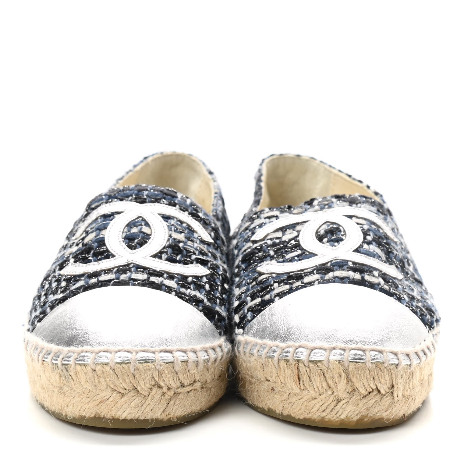 Chanel Metallic Tweed Lambskin CC Espadrilles 35 Blue Black Silver 2 of 8