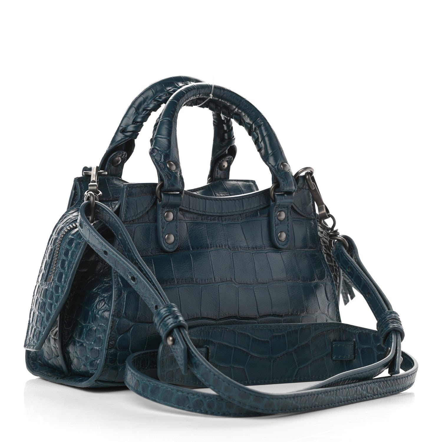 Balenciaga Calfskin Crocodile Embossed Neo Classic Silver Hardware Mini City Dark Petrol Blue 3 of 9