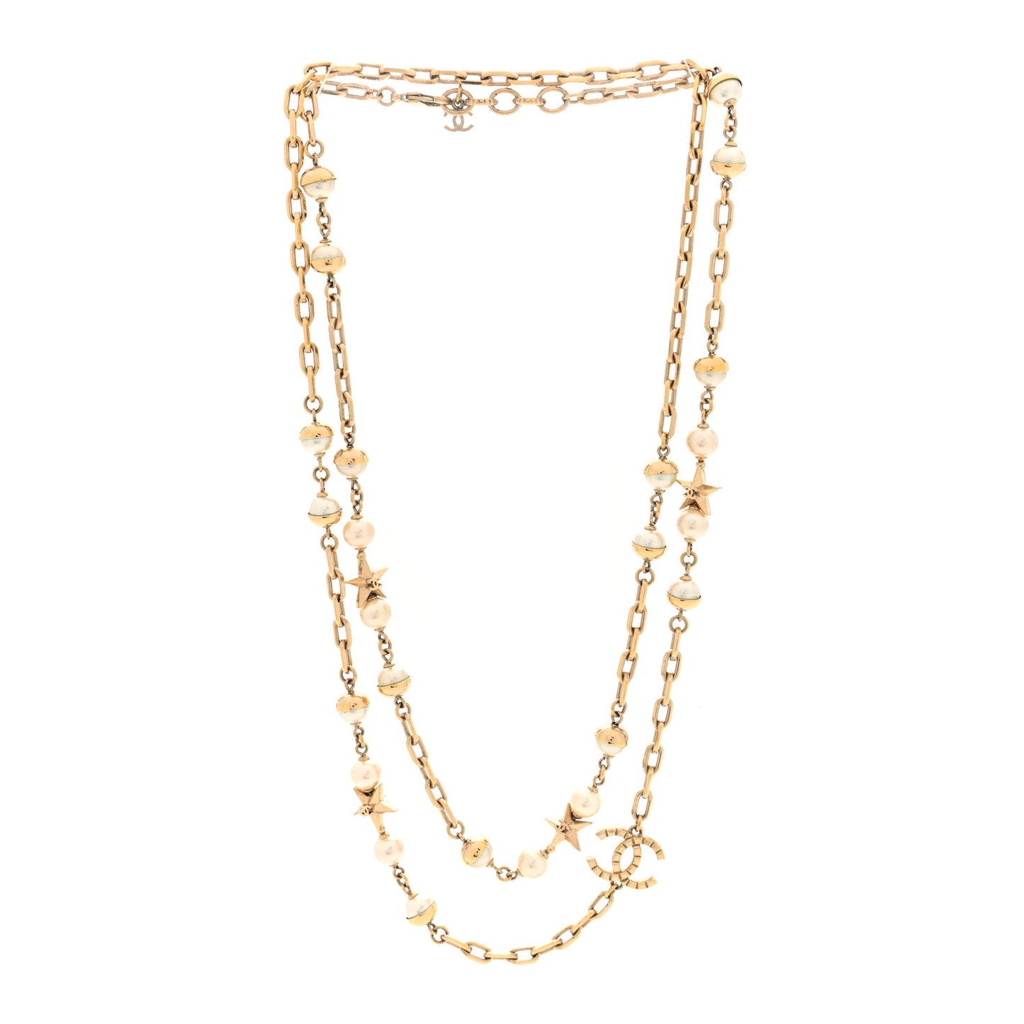 Metal Pearl CC Star Long Necklace Gold
