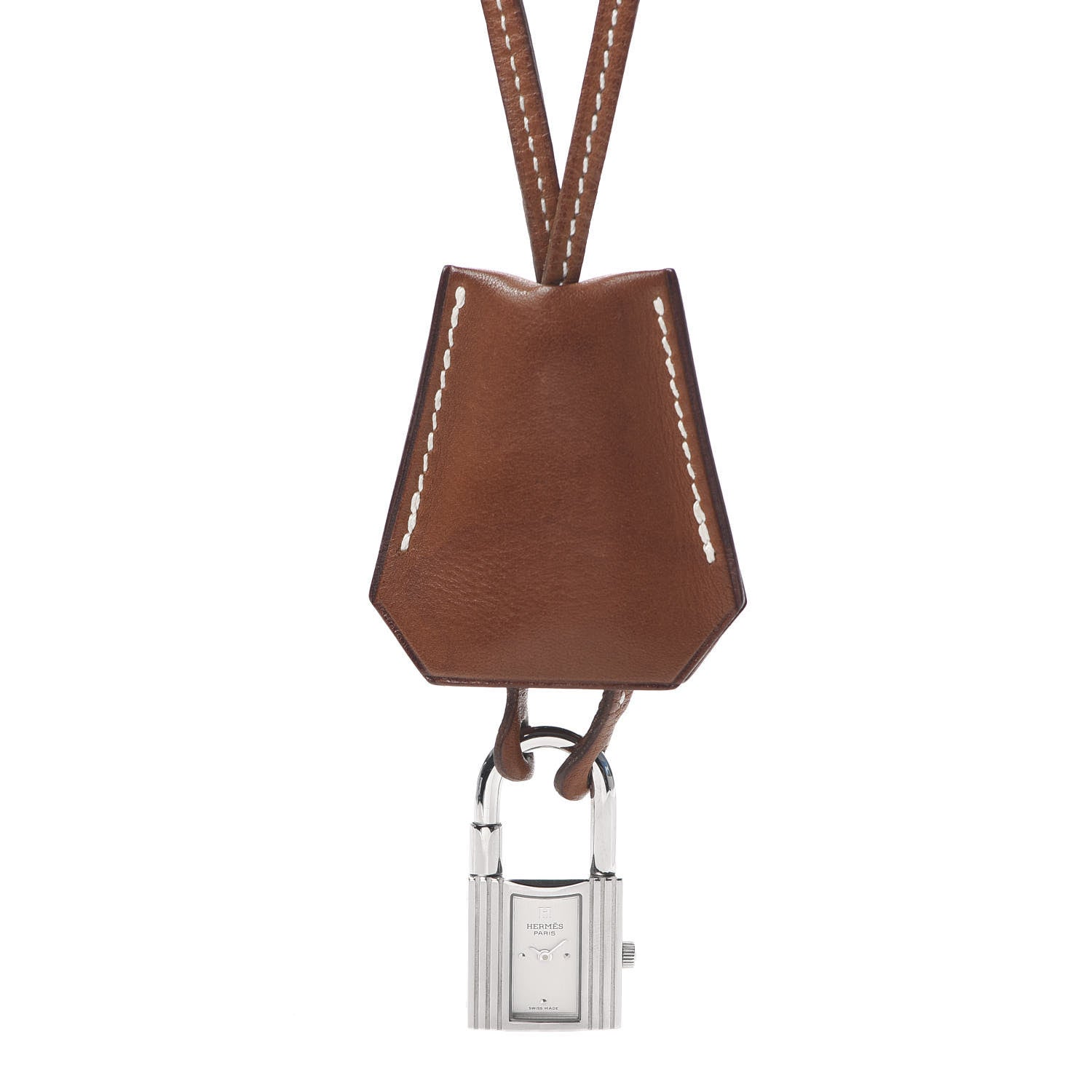 Hermes Stainless Steel Barenia Kelly Clochette Necklace Watch Fauve 1 of 4