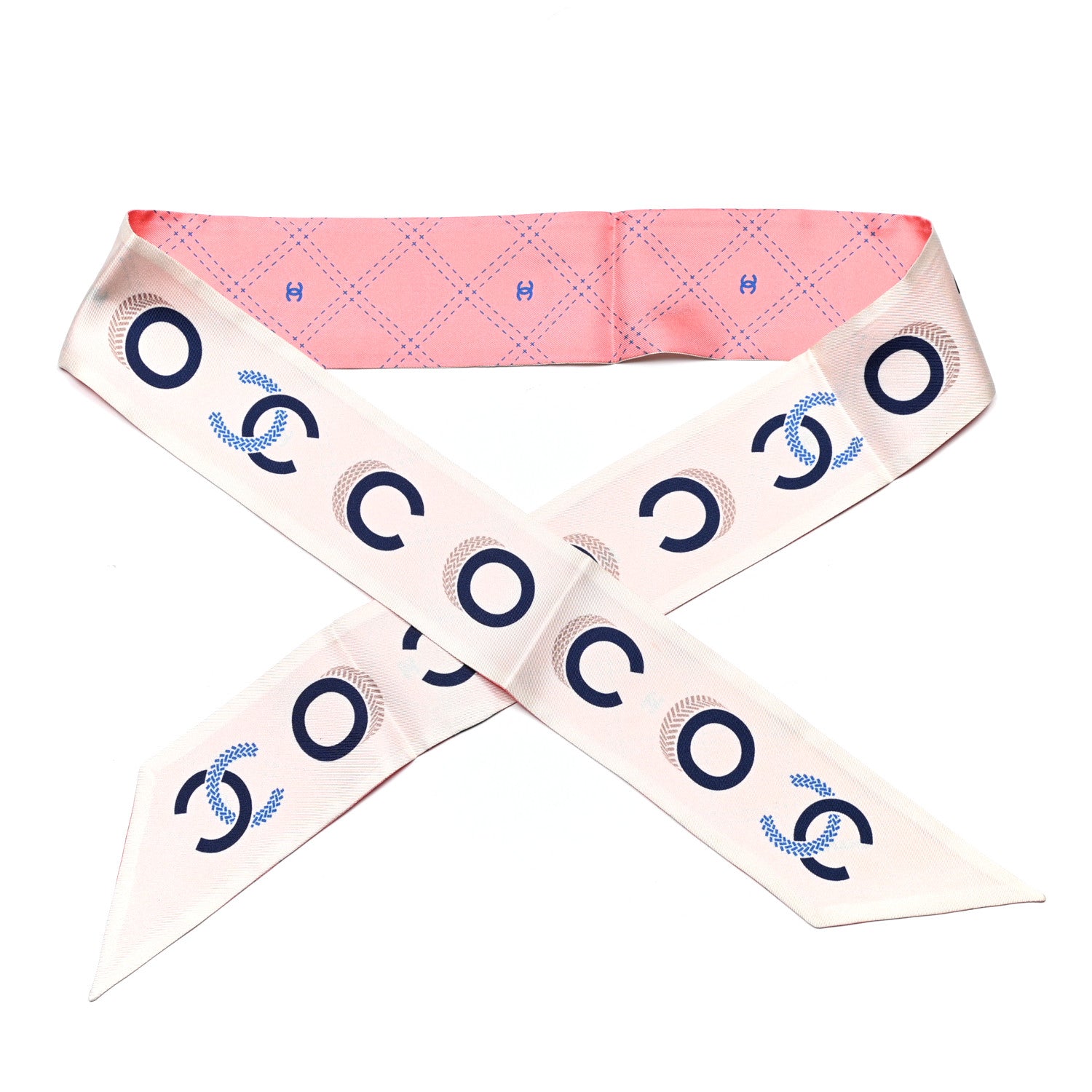 Chanel Silk CC Slim Bandeau Scarf Ecru Navy 1 of 3