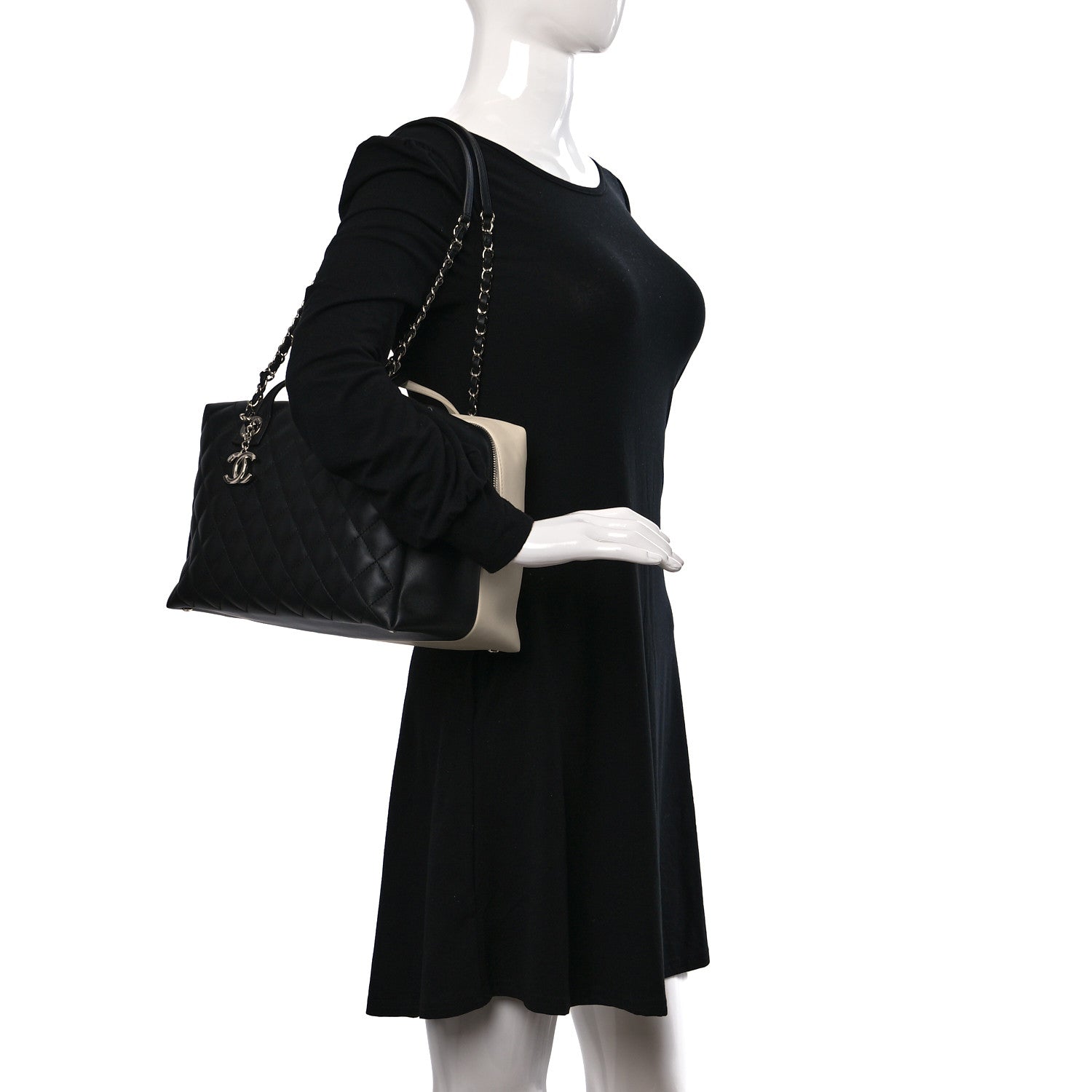 Chanel Calfskin Quilted Large Feather Weight Bowling Bag Black Ivory 2 of 12
