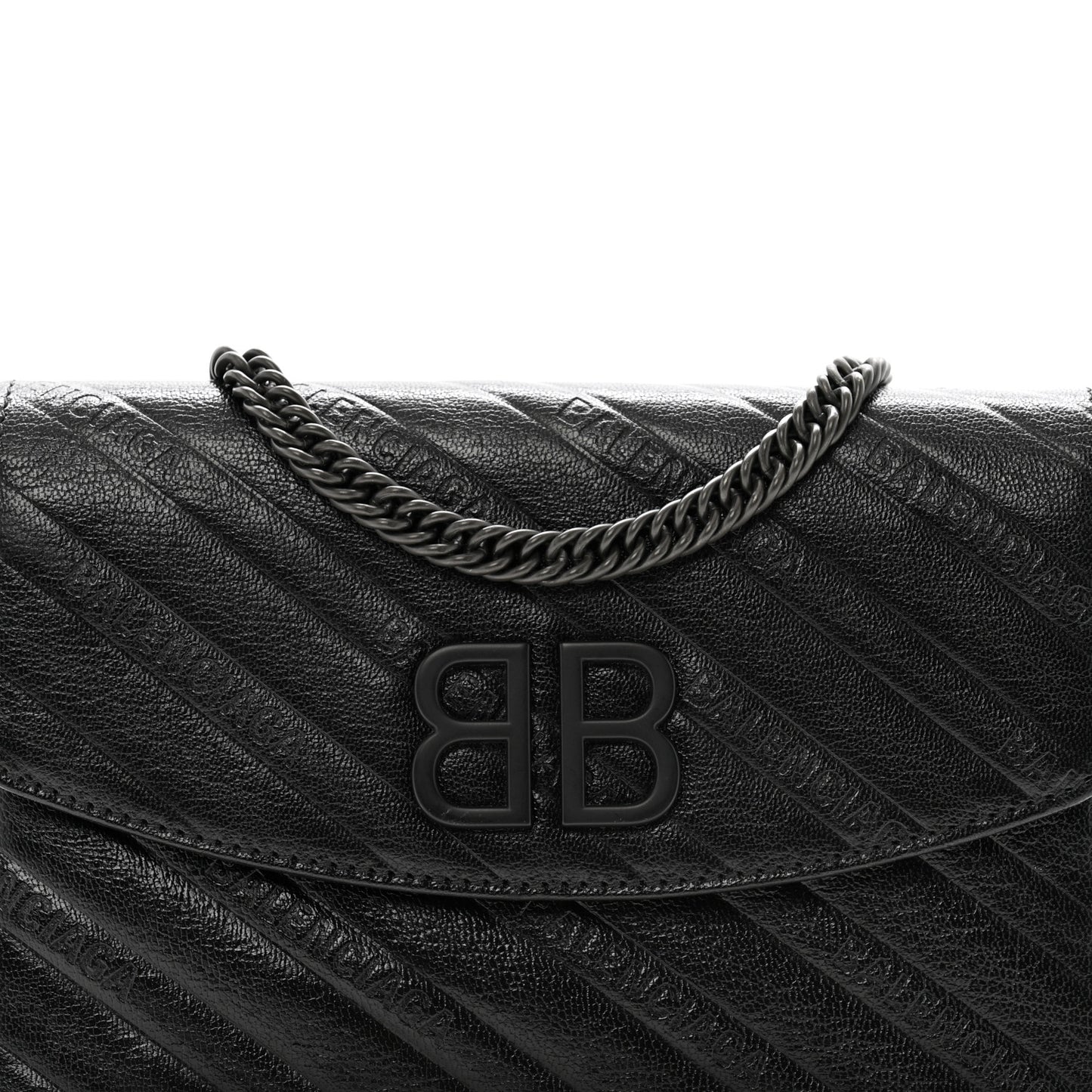 Shiny Goatskin Logo Embossed Monochrome BB Wallet On Chain Black