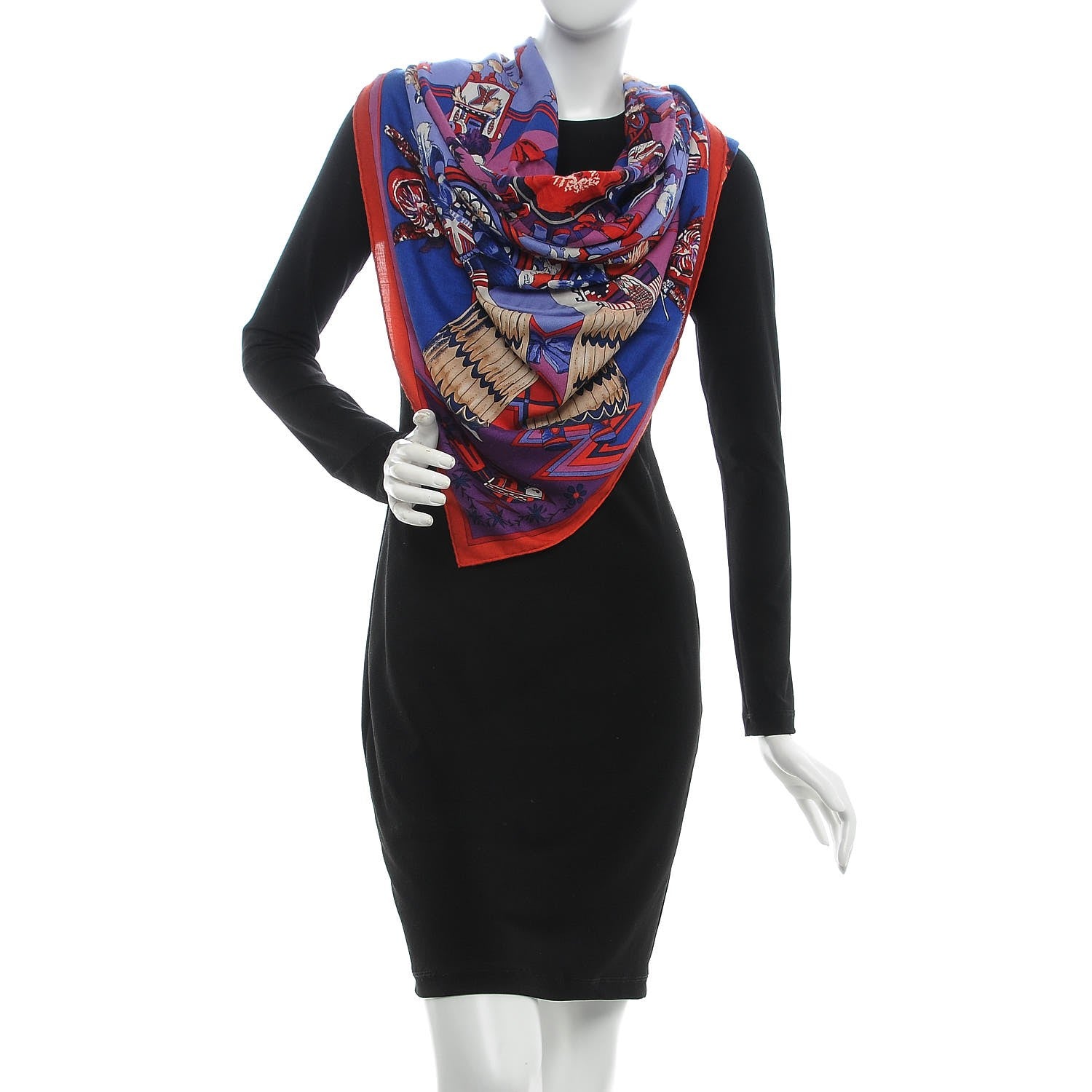 Hermes Cashmere Silk Kachinas Shawl 140 Rouge Bleu Parme 2 of 7
