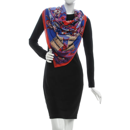Hermes Cashmere Silk Kachinas Shawl 140 Rouge Bleu Parme 2 of 7