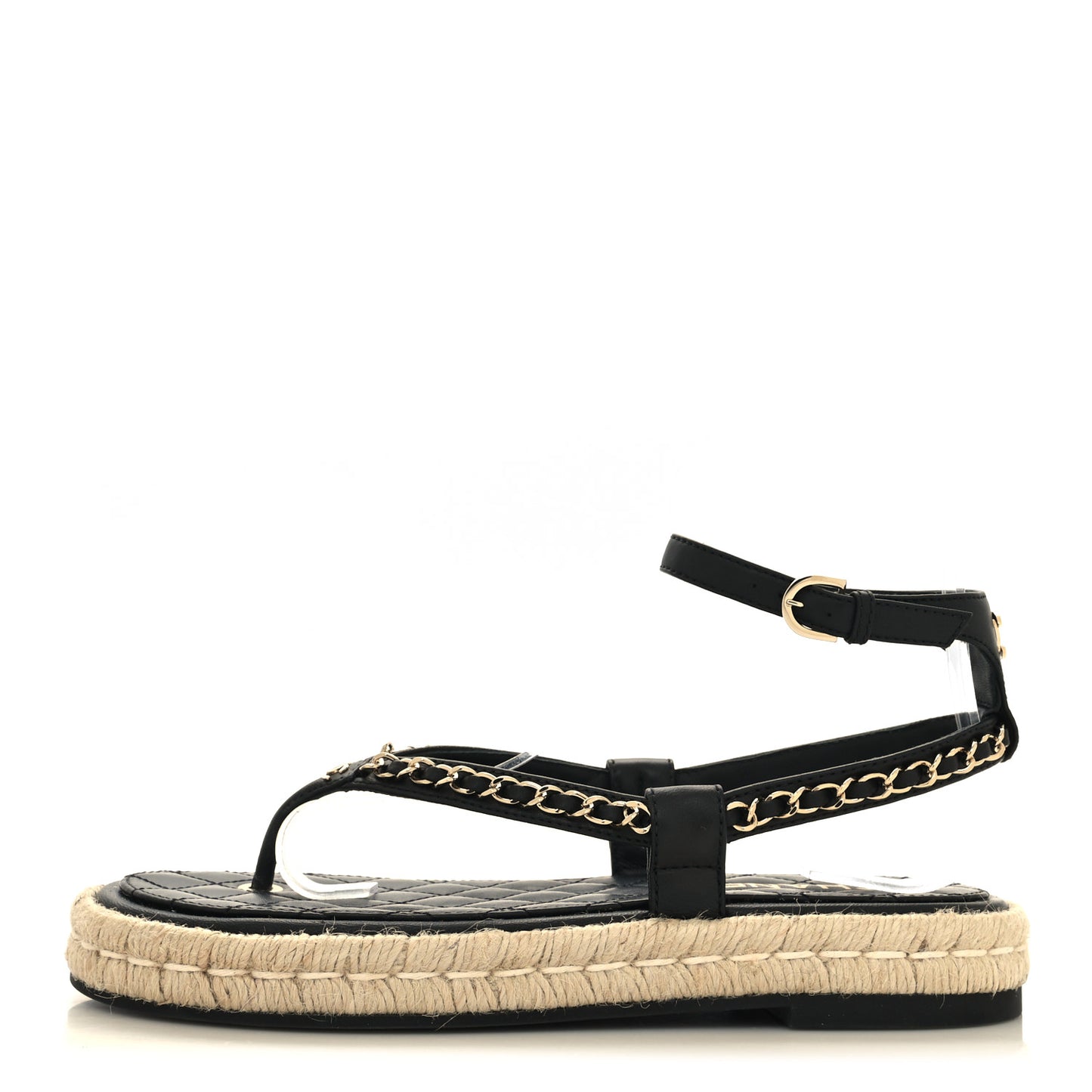 Lambskin Chain CC Thong Espadrille Sandals 39 Black