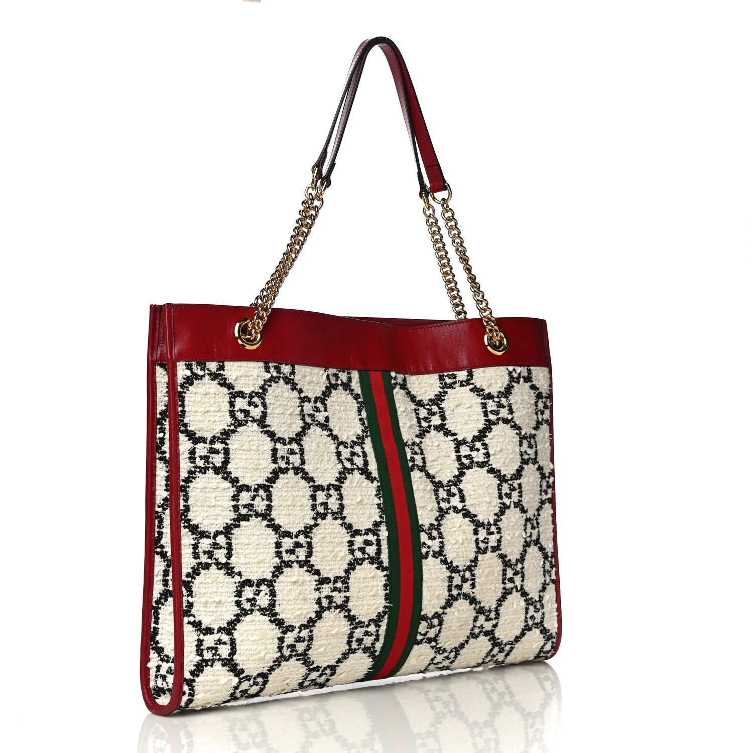 Gucci Tweed GG Monogram Large Rajah Chain Tote White Black Romantic Cherry 4 of 24