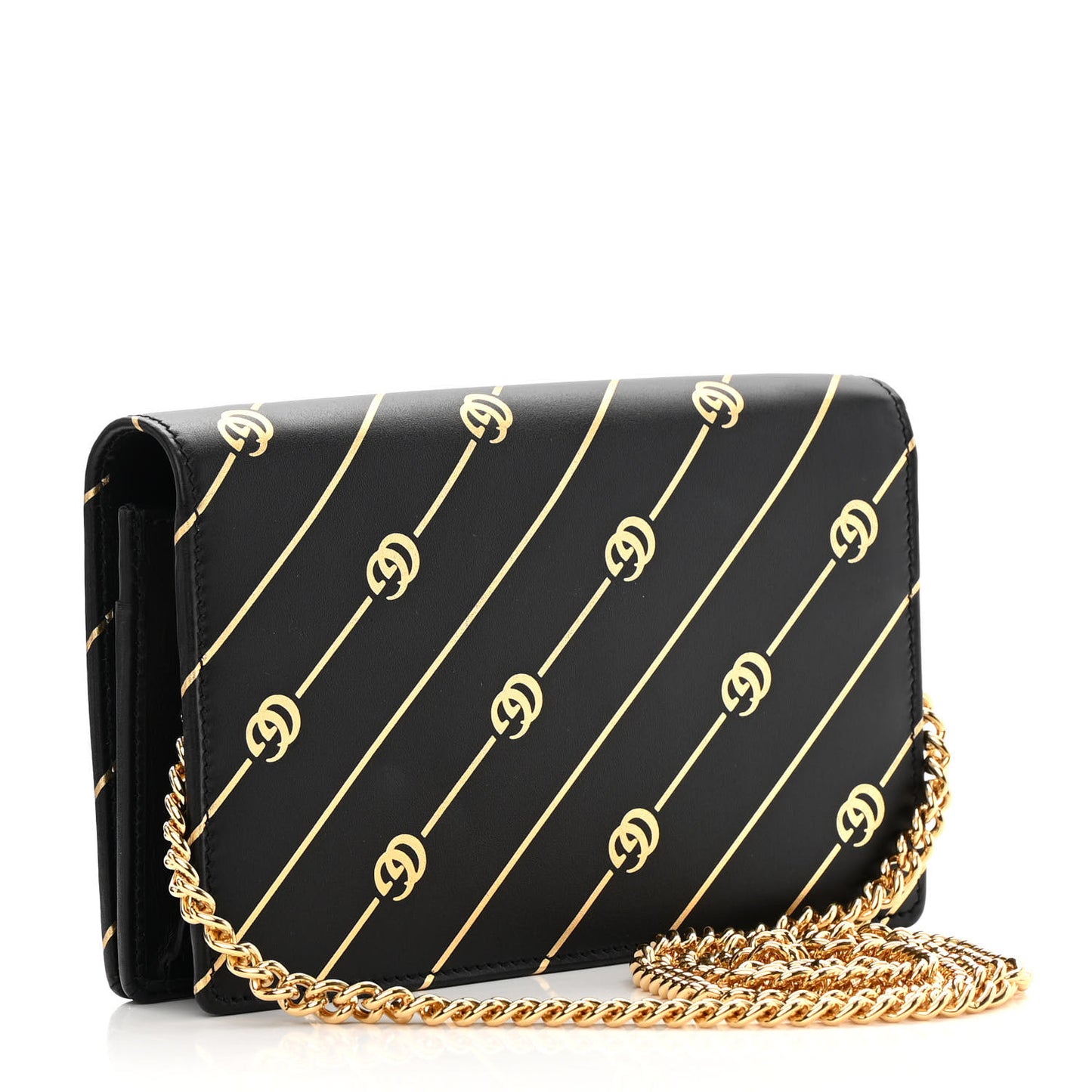 Calfskin Diagonal GG Mini Chain Wallet Black Gold