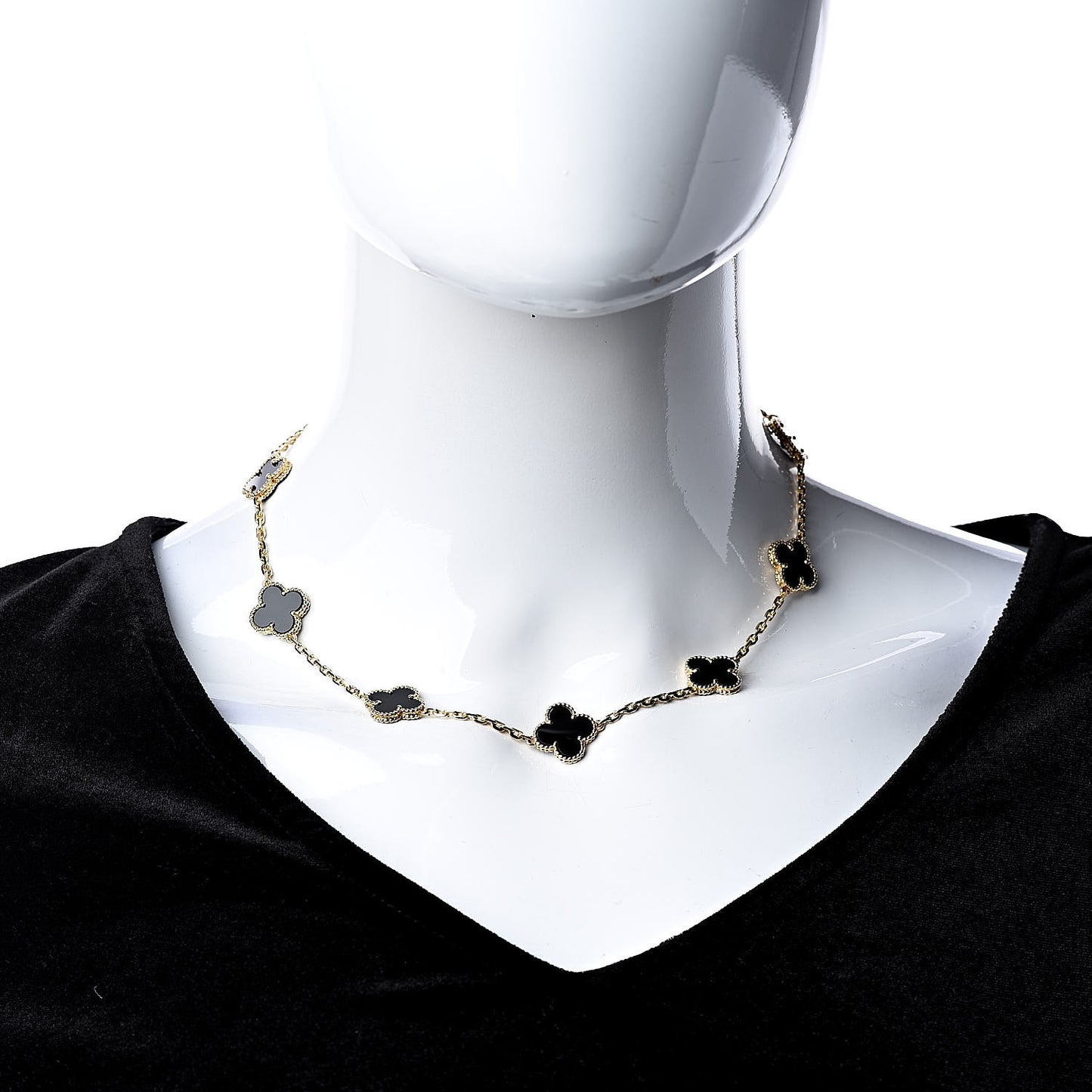 18K Yellow Gold Black Onyx 10 Motifs Vintage Alhambra Necklace