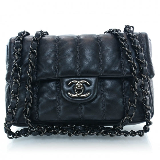 Lambskin Vertical Stitched Mini Flap Black