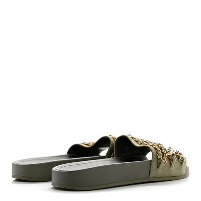 Chanel Satin Canvas Chain Slides Sandals Flats 38 Khaki 5 of 9
