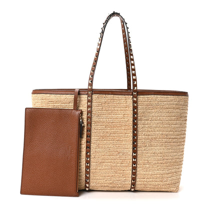 Valentino Garavani Raffia Calfskin Rockstud Shopping Tote Naturale Saddle Brown 3 of 10