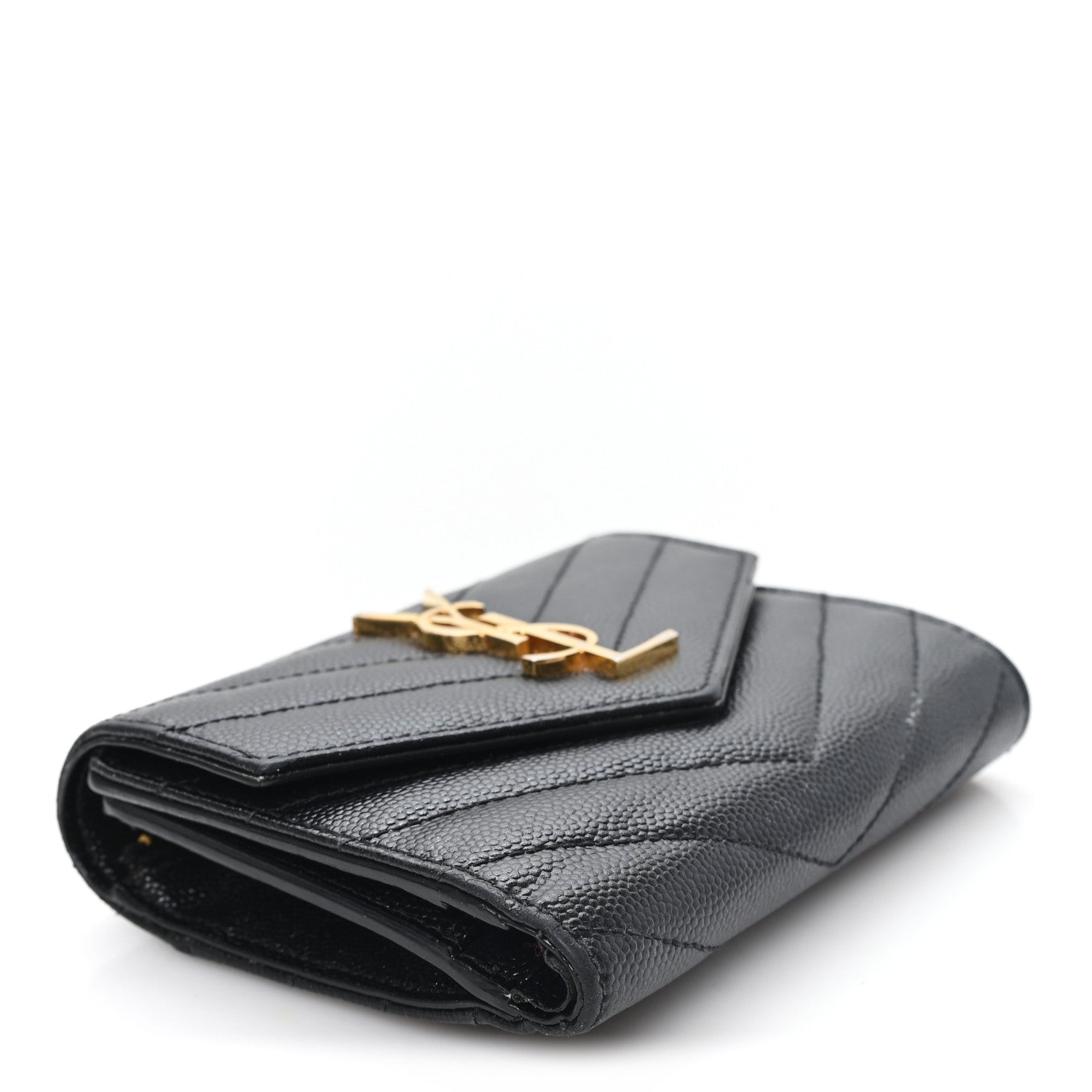 Saint Laurent Grain De Poudre Matelasse Chevron Monogram Compact Tri Fold Wallet Black 4 of 9