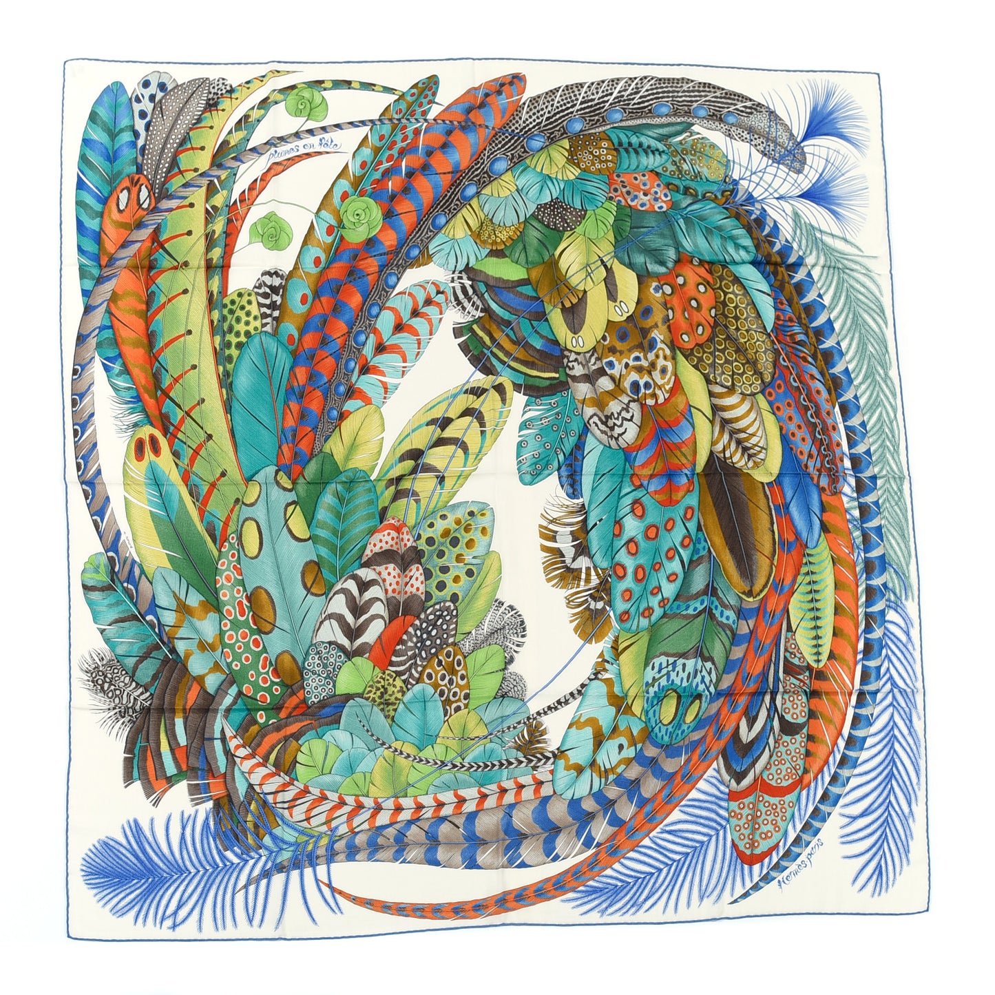 Cashmere Silk Plumes En Fete Shawl 140 White Vert Blue