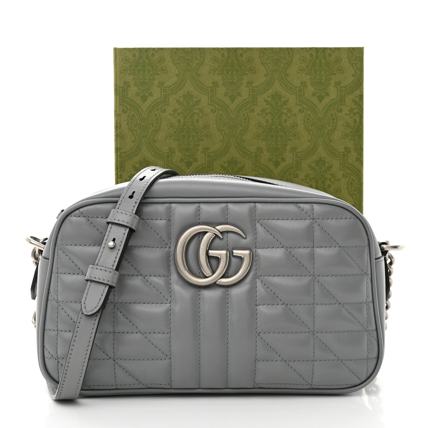 Gucci Calfskin Matelasse Aria Small GG Marmont Chain Shoulder Bag Deep Grey 3 of 15