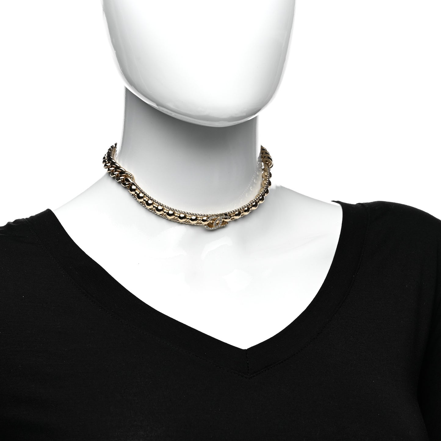 Metal Crystal Bead Chain Link CC Choker Necklace Gold