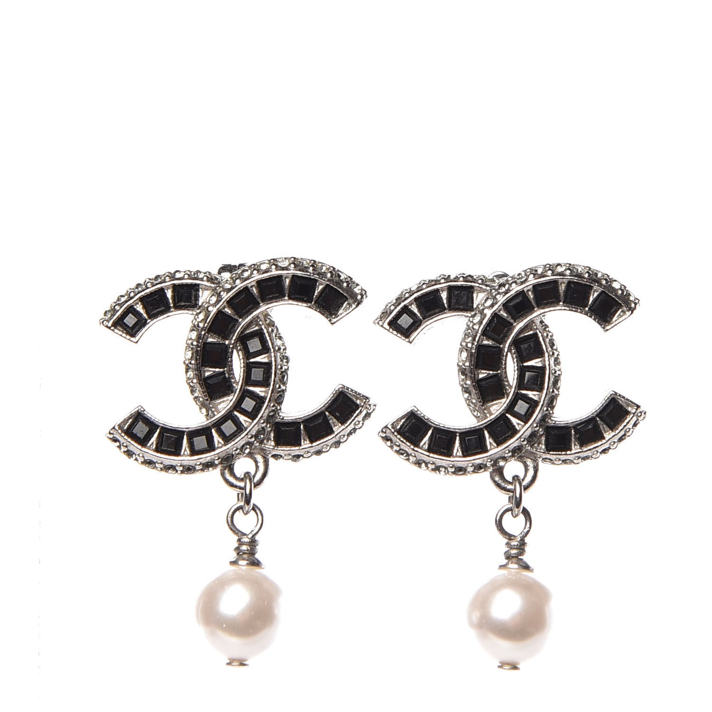 Baguette Crystal Pearl CC Drop Earrings Silver