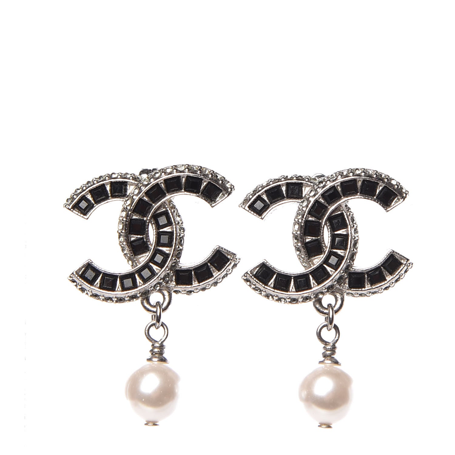 Chanel Baguette Crystal Pearl CC Drop Earrings Silver 1 of 4