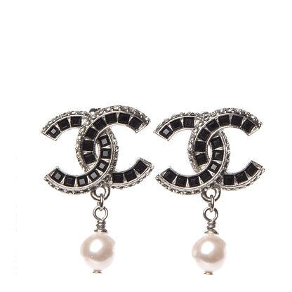Chanel Baguette Crystal Pearl CC Drop Earrings Silver 1 of 4