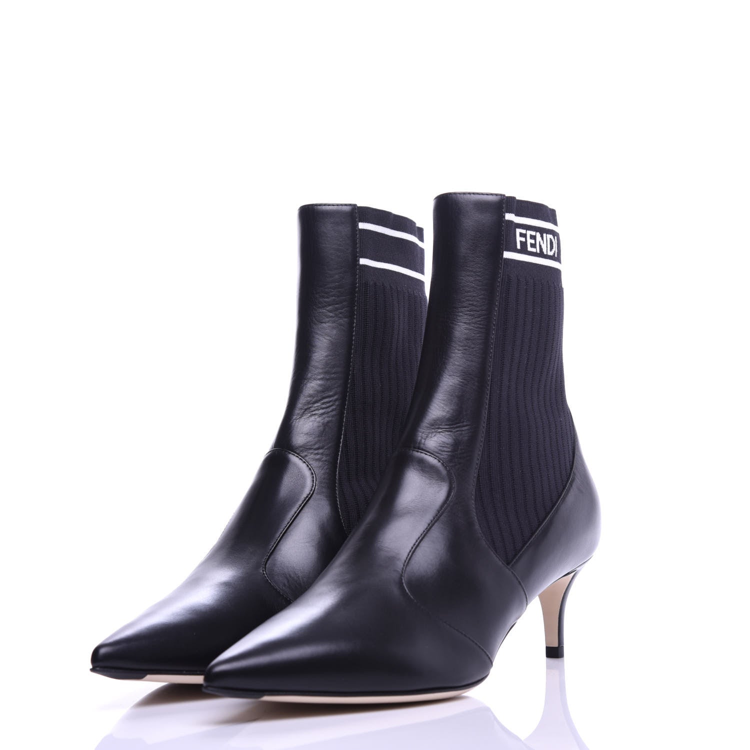 Fendi Vitellino Stretch Fabric Logo Rockoko Low Heel Sock Boots 38.5 Black White 2 of 7