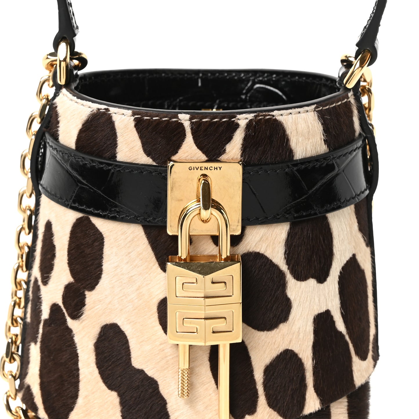 Pony Calfskin Micro Leopard Print Shark Lock Bucket Bag Black Beige