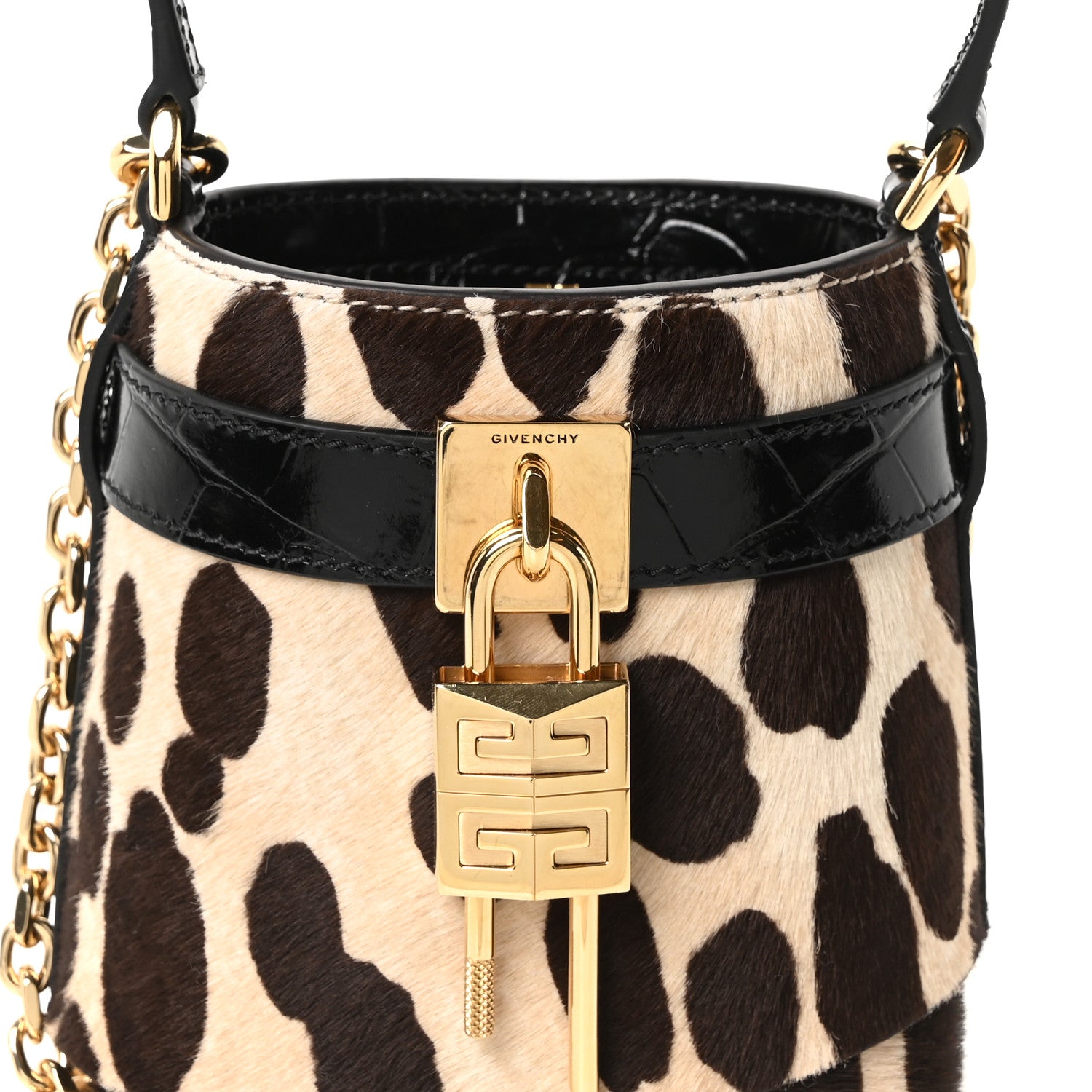 Givenchy Pony Calfskin Micro Leopard Print Shark Lock Bucket Bag Black Beige 8 of 10
