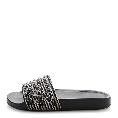 Chanel Satin Canvas Chain Slides Sandals Flats 37.5 Marine 1 of 12