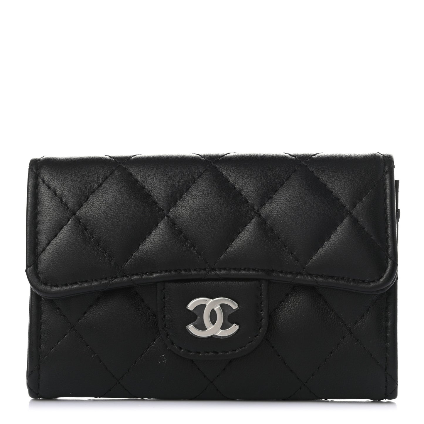 Lambskin Quilted Flap Card Holder Wallet Black