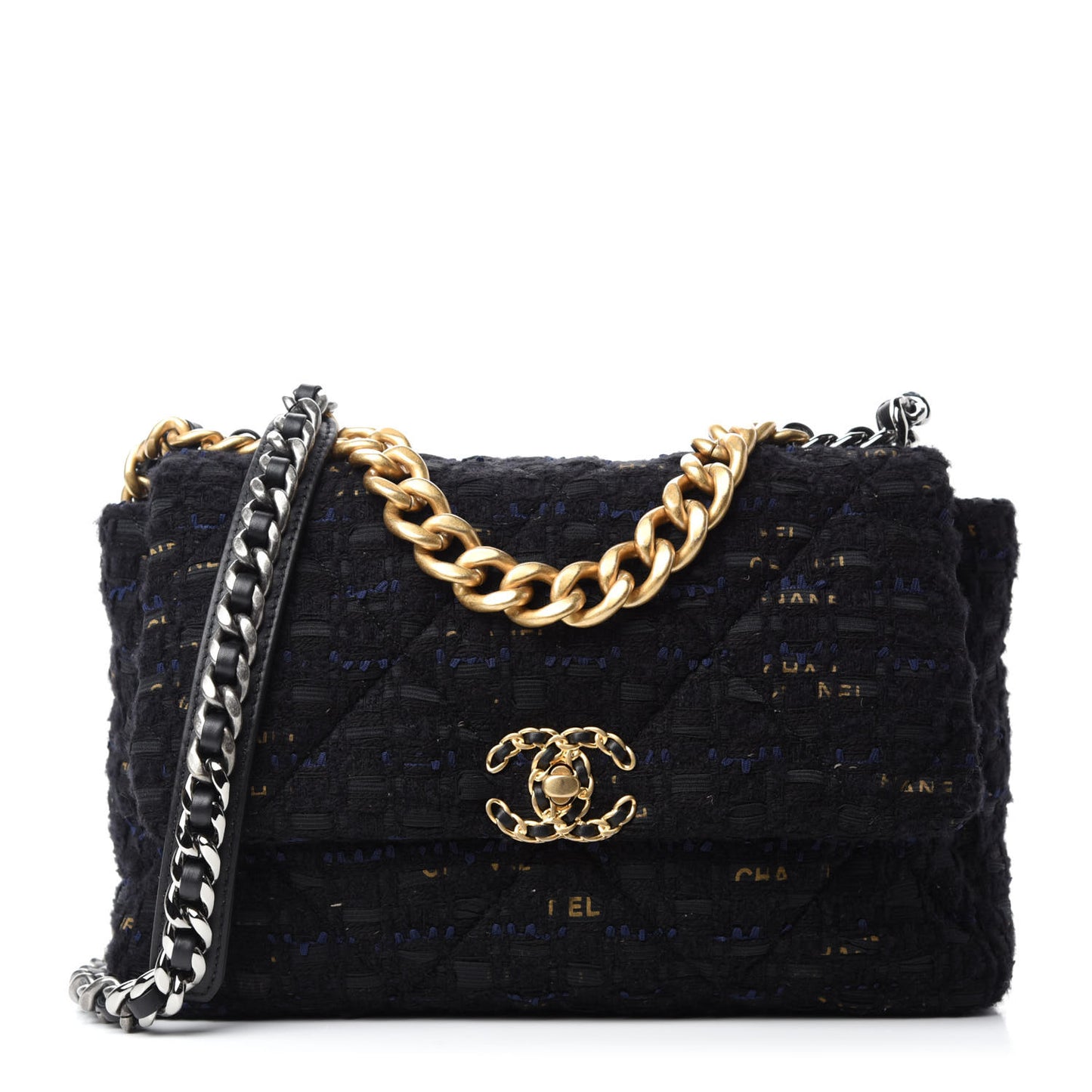 Tweed Quilted Large Chanel 19 Flap Black Navy Gold