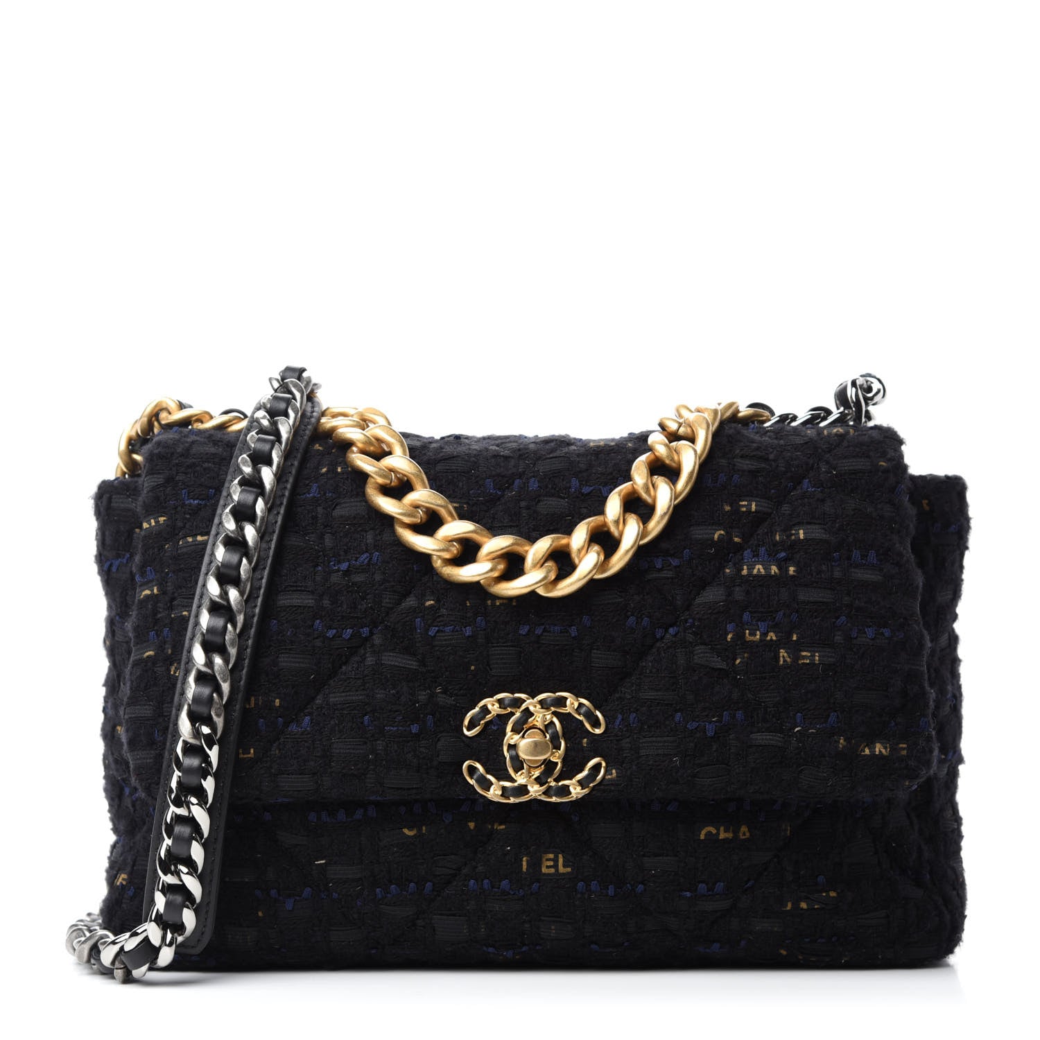 Chanel Tweed Quilted Large Chanel 19 Flap Black Navy Gold 1 of 10