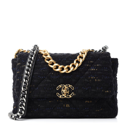 Chanel Tweed Quilted Large Chanel 19 Flap Black Navy Gold 1 of 10