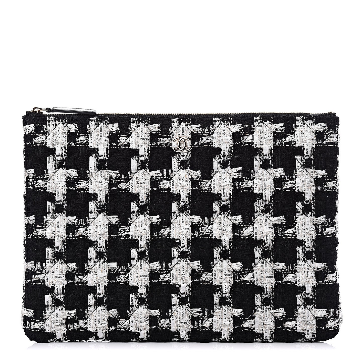 Tweed Quilted Medium Cosmetic Pouch Black Ecru White