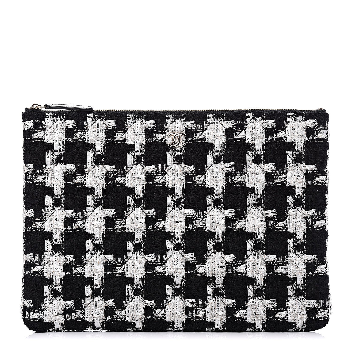 Chanel Tweed Quilted Medium Cosmetic Pouch Black Ecru White 1 of 10