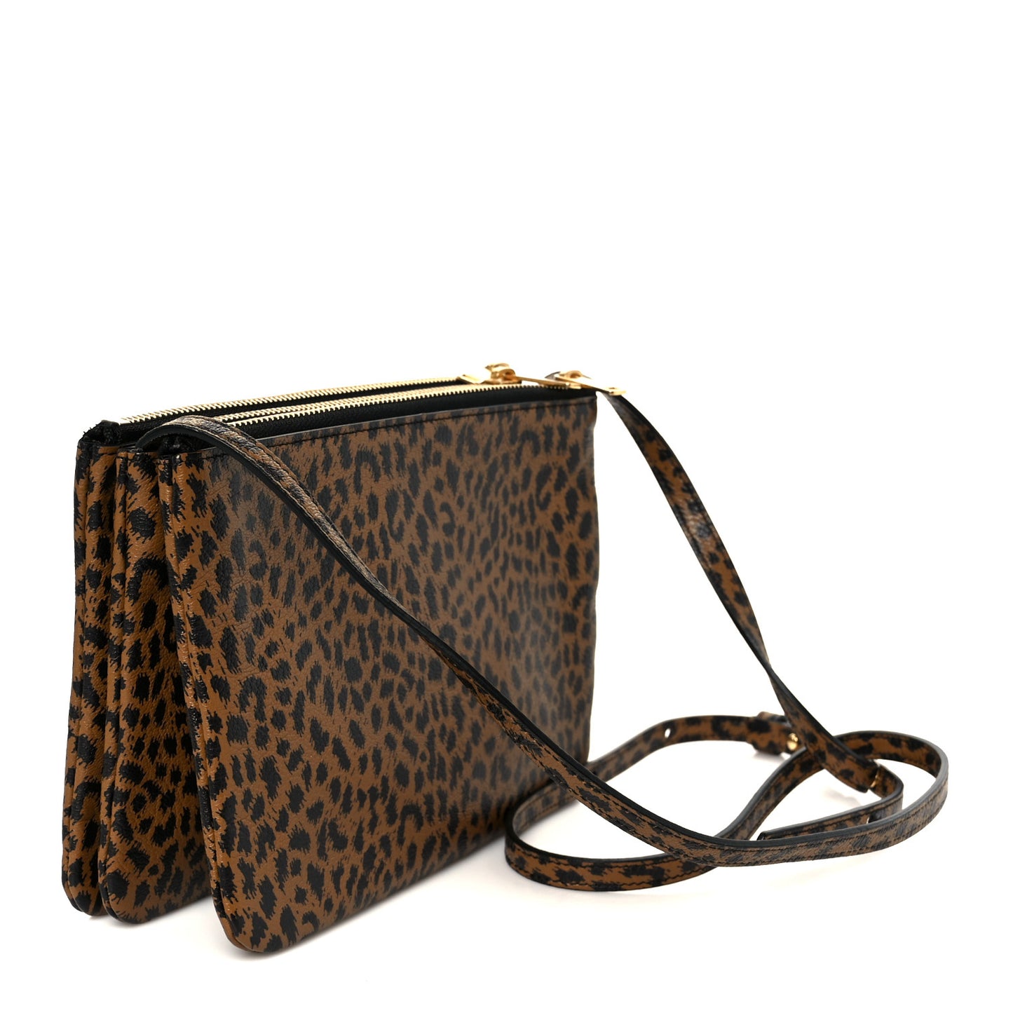 Goatskin Leopard Printed Small Trio Crossbody Bag Brown Black