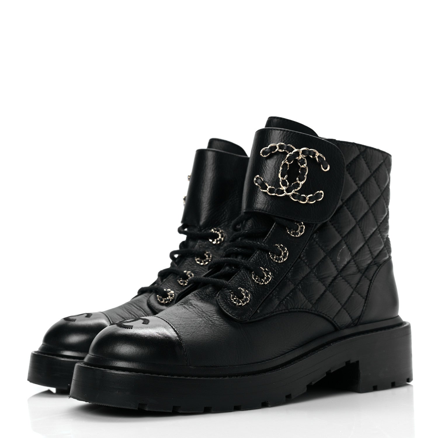Chanel Shiny Calfskin Quilted Lace Up Combat Boots 36.5 Black 3 of 8
