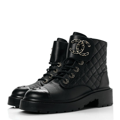 Chanel Shiny Calfskin Quilted Lace Up Combat Boots 36.5 Black 3 of 8