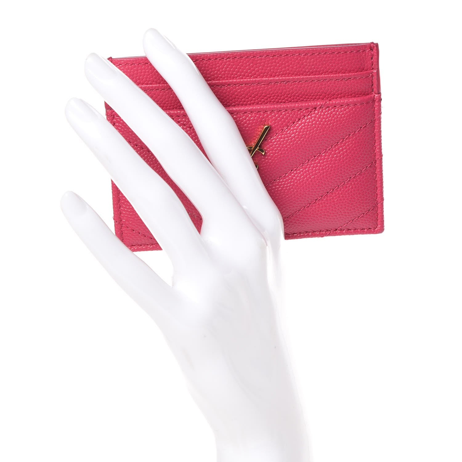 Saint Laurent Grain De Poudre Matelasse Chevron Monogram Credit Card Case Fresh Fuxia 2 of 9