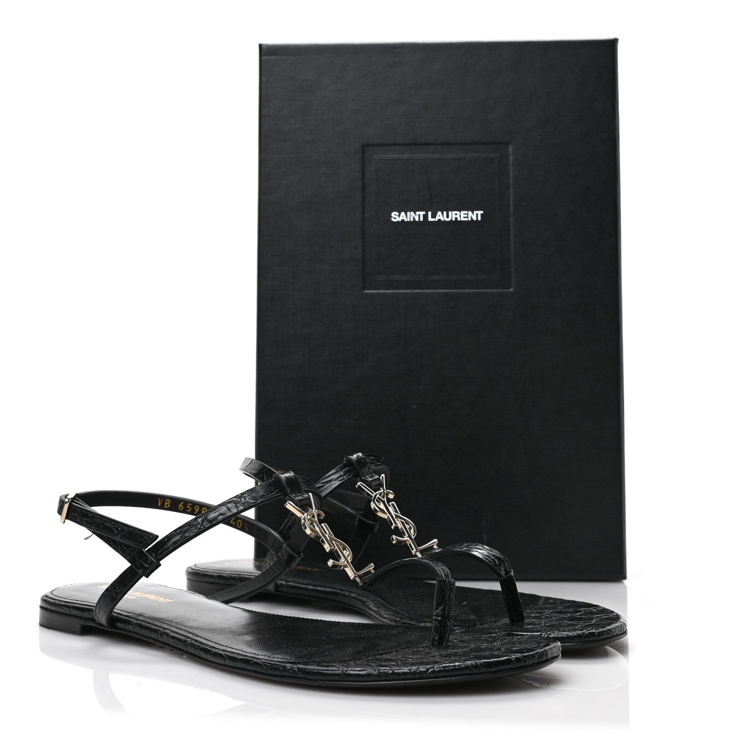 Saint Laurent Calfskin Crocodile Embossed Cassandra Monogram Sandals 40.5 Black 8 of 8