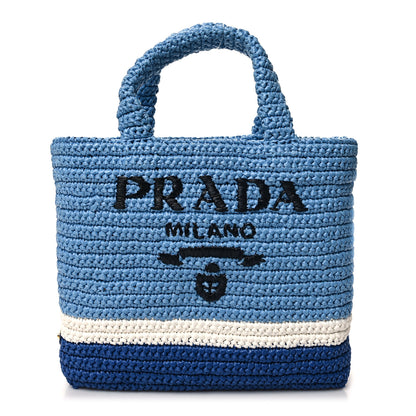 Prada Yarn Raffia Effect Crochet Small Logo Tote Celeste Blue 1 of 10