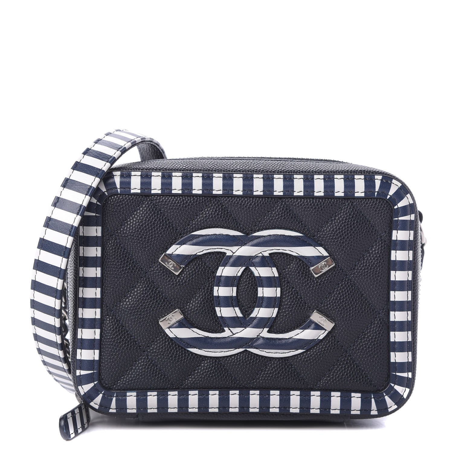 Chanel Caviar Quilted Striped Filigree Vanity Clutch With Chain Navy White 1 of 10