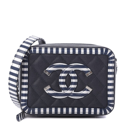 Chanel Caviar Quilted Striped Filigree Vanity Clutch With Chain Navy White 1 of 10