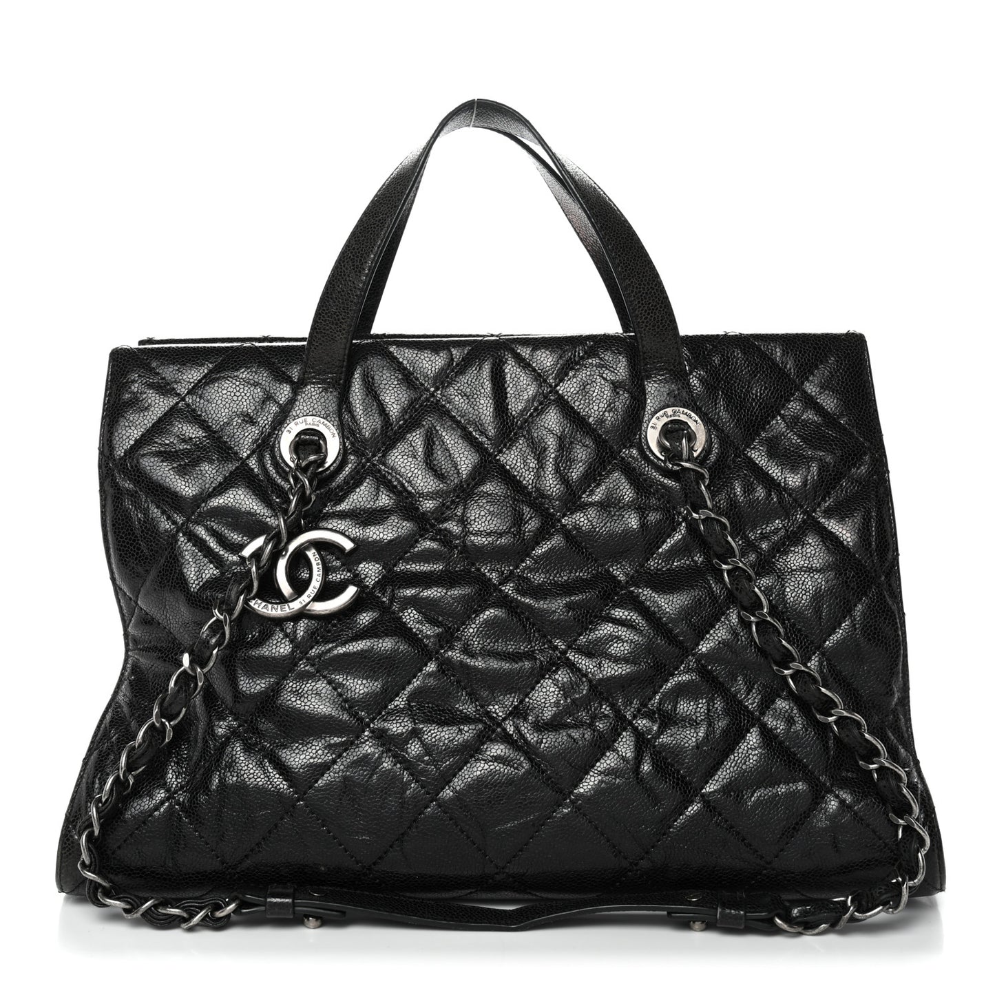 Crumpled Grained Calfskin Quilted CC Crave Tote Black