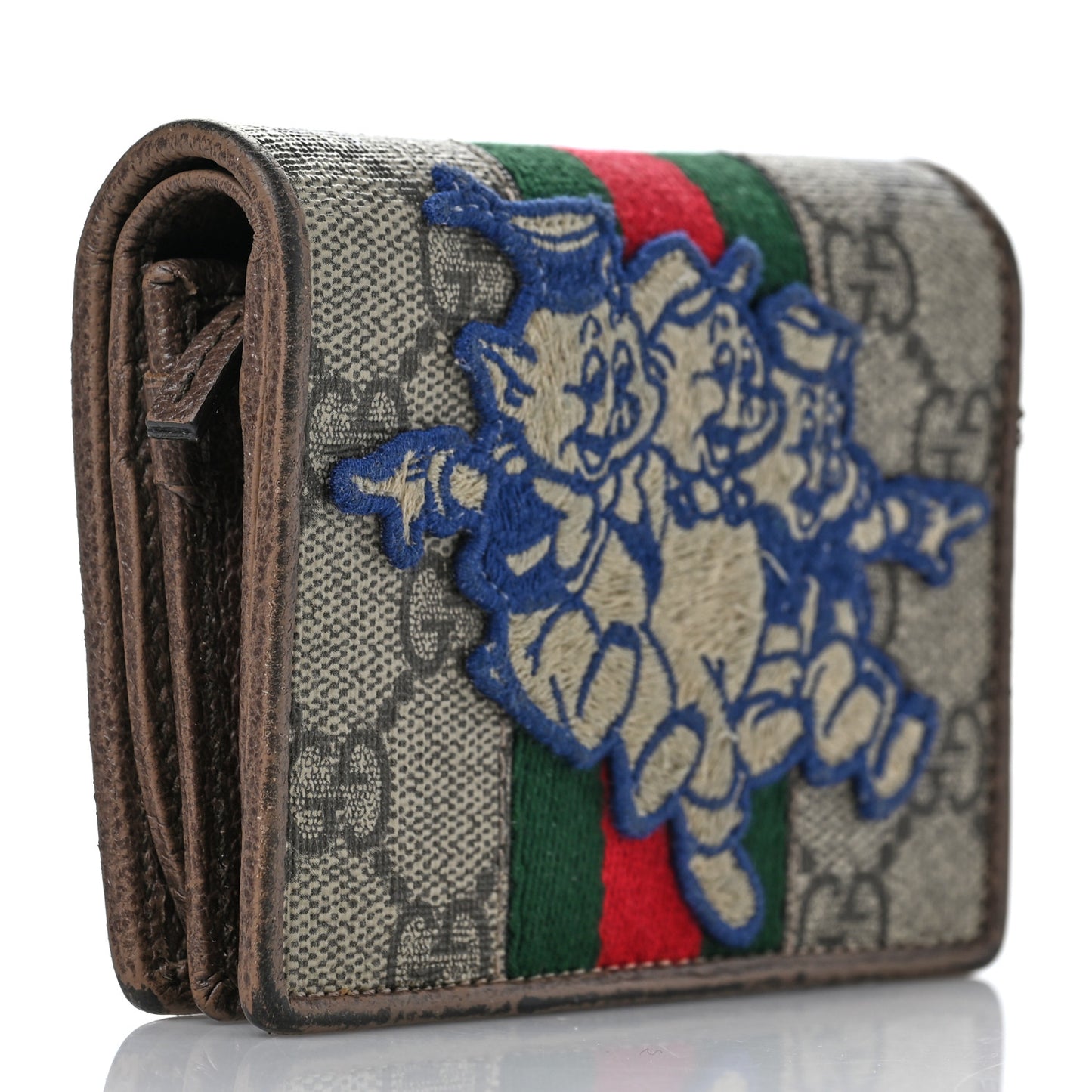 X DISNEY GG Supreme Monogram Web Three Little Pigs Ophidia Card Case Wallet Beige New Acero