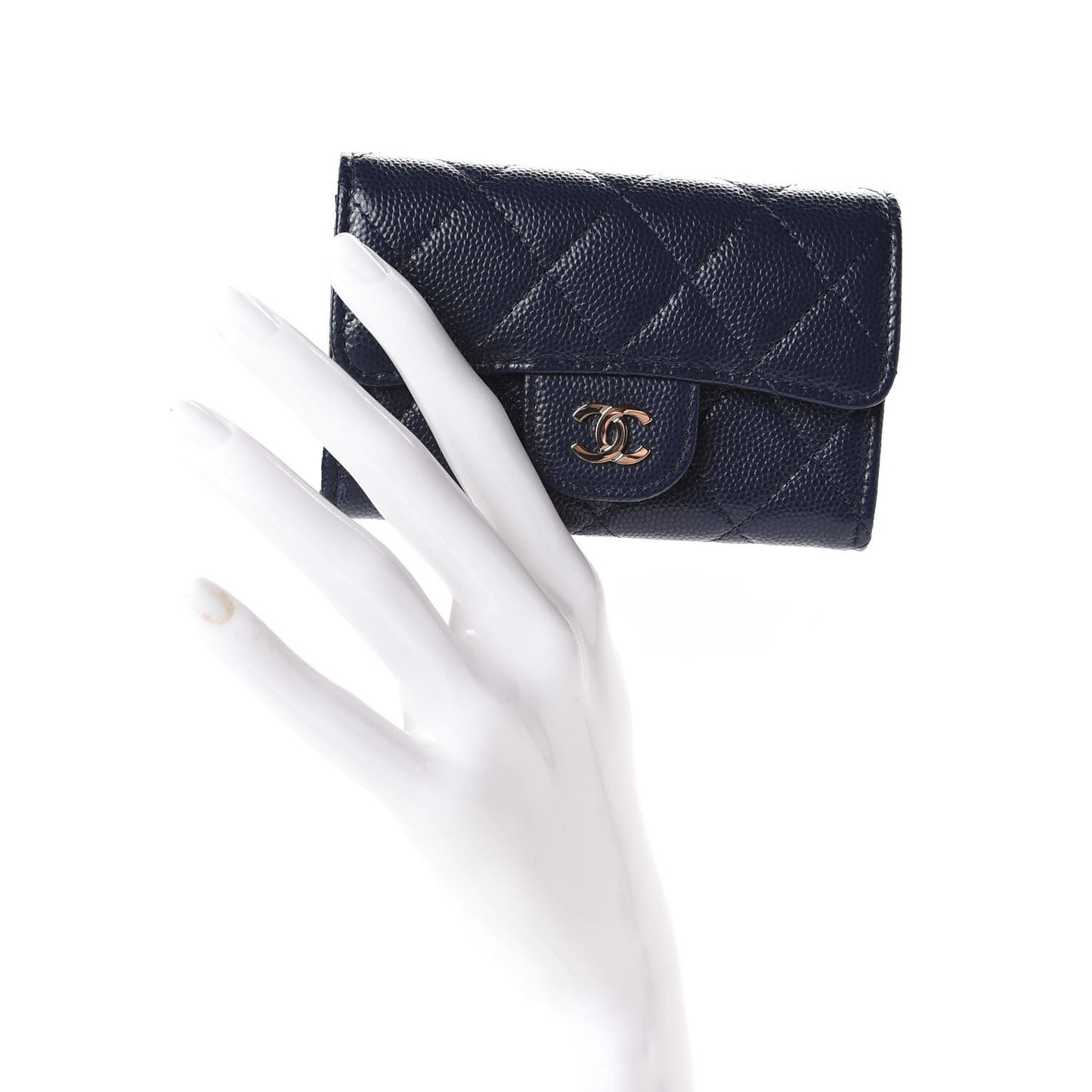Caviar Quilted Flap Card Holder Wallet Navy Blue