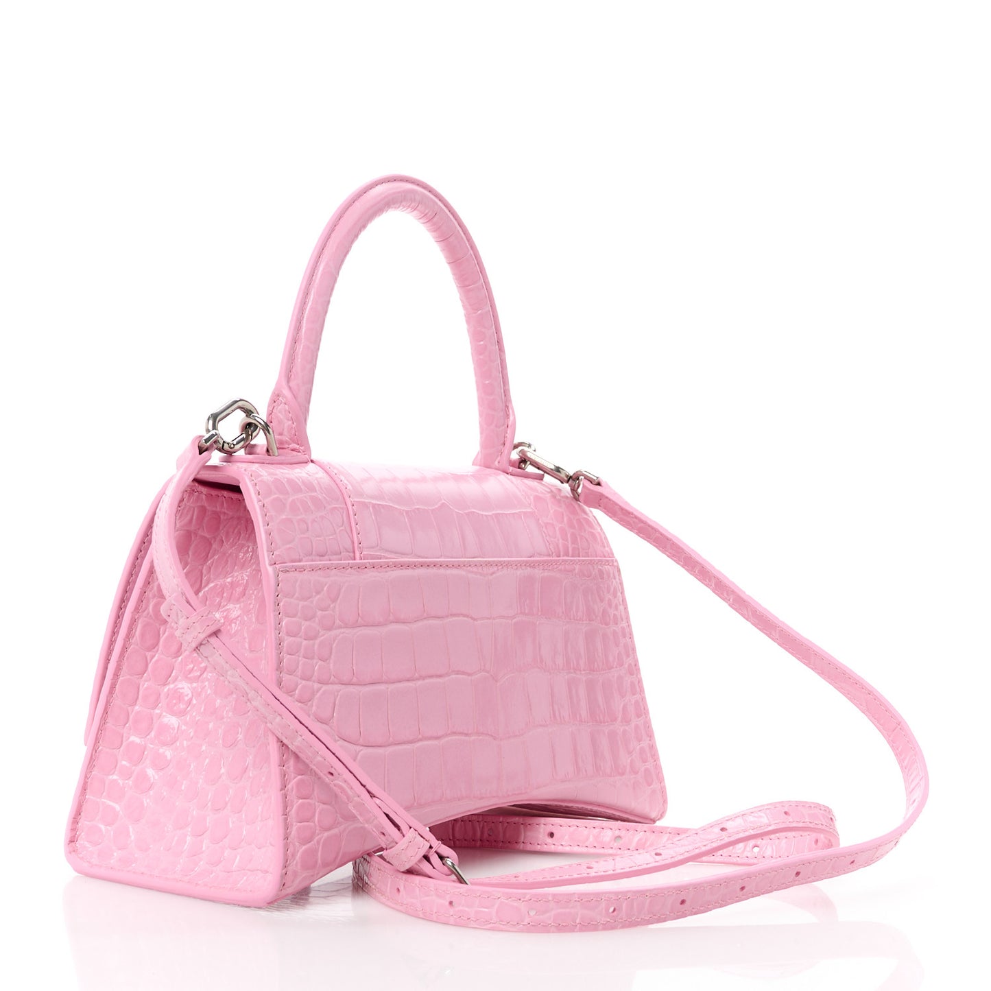 Semi Shiny Calfskin Crocodile Embossed Small Hourglass Top Handle Bag Candy Pink