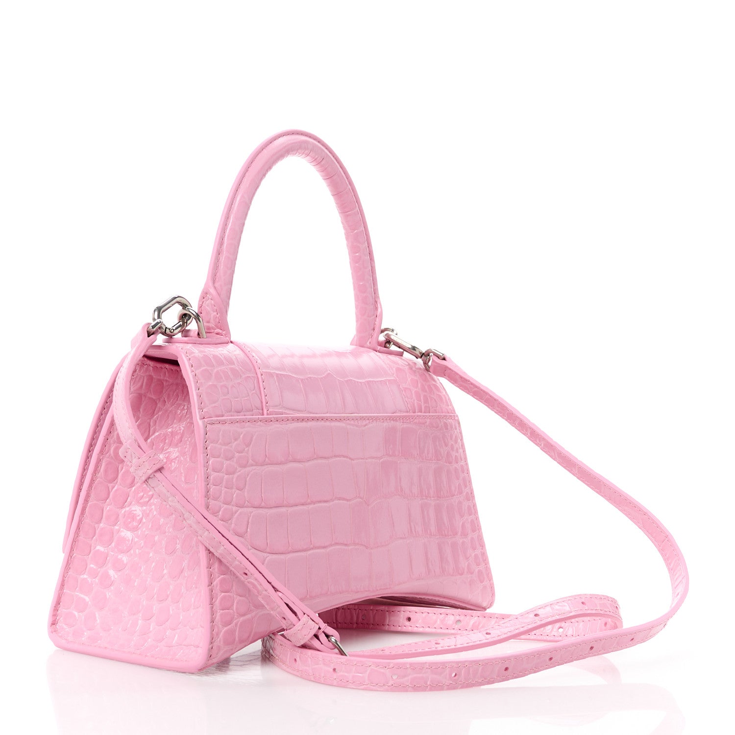 Balenciaga Semi Shiny Calfskin Crocodile Embossed Small Hourglass Top Handle Bag Candy Pink 3 of 12