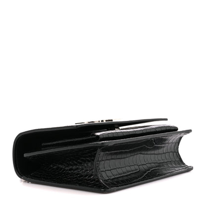 Saint Laurent Calfskin Crocodile Embossed Monogram Sunset Chain Wallet Black 4 of 9