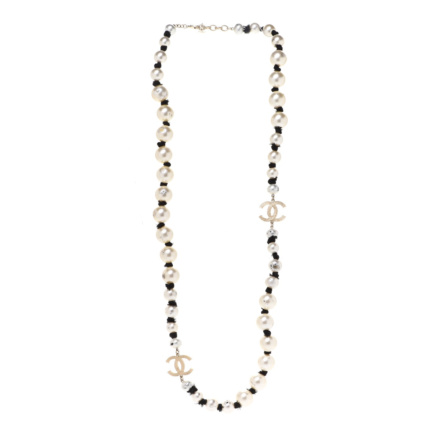 Pearl Grosgrain CC Long Necklace Gold