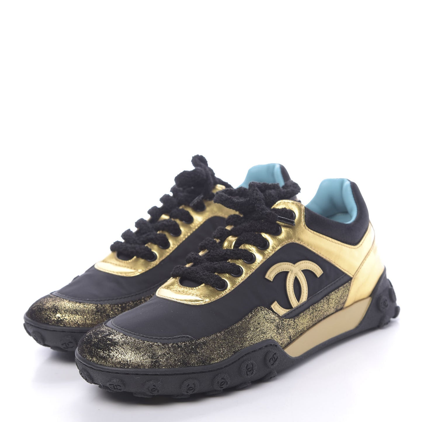 Metallic Lambskin Satin Finish Womens CC Sneakers 37.5 Black Gold