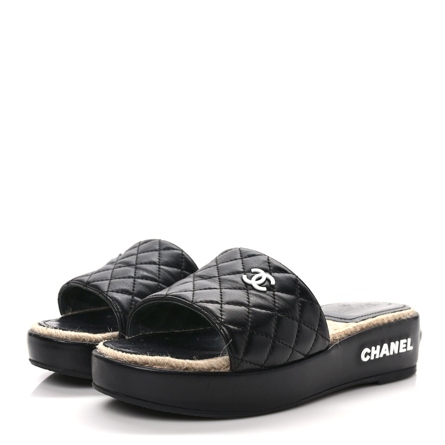 Chanel Lambskin Quilted CC Espadrille Slip On Sandals 37 Black 3 of 10